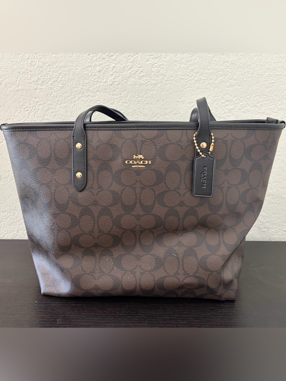 Coach Brown Signature Monogram Tote with Black Trim